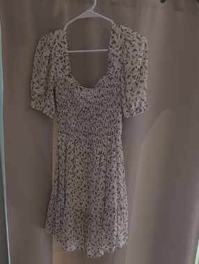 Cream Floral Smocked Puff Sleeve Mini Dress